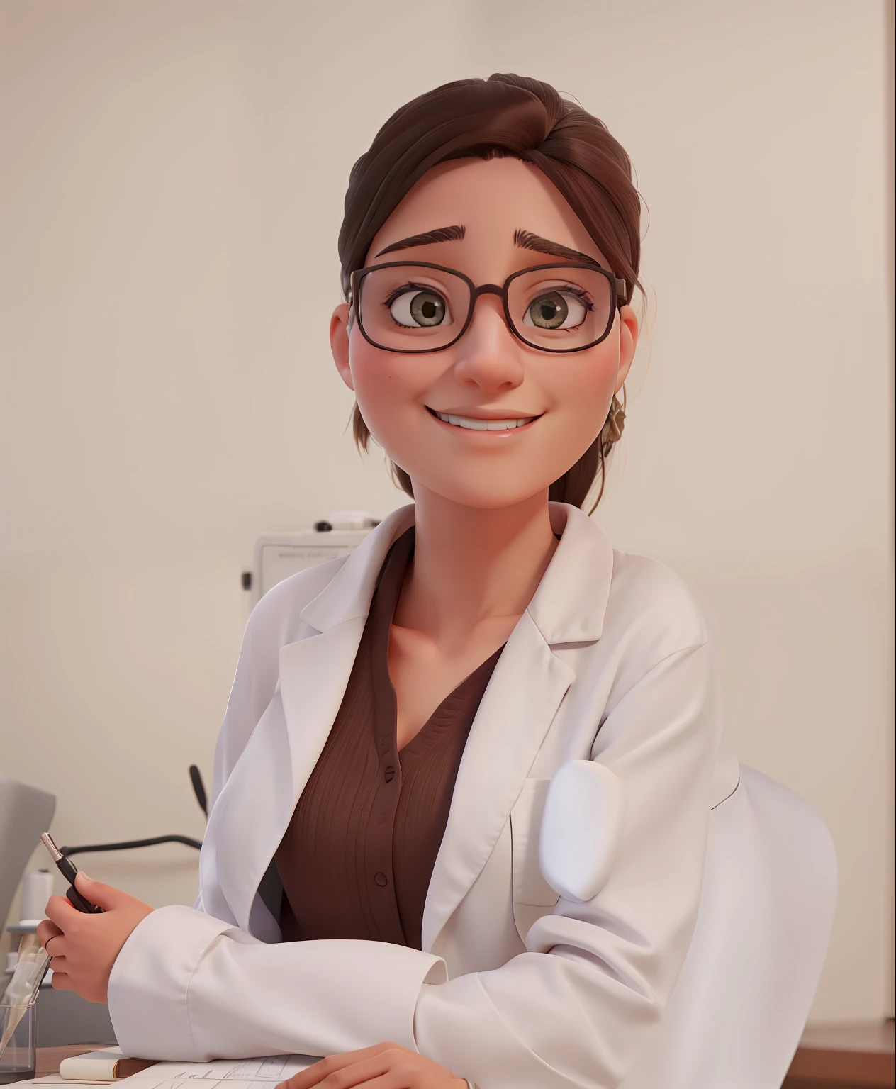 Caucasian female therapist with lab coat and glasses