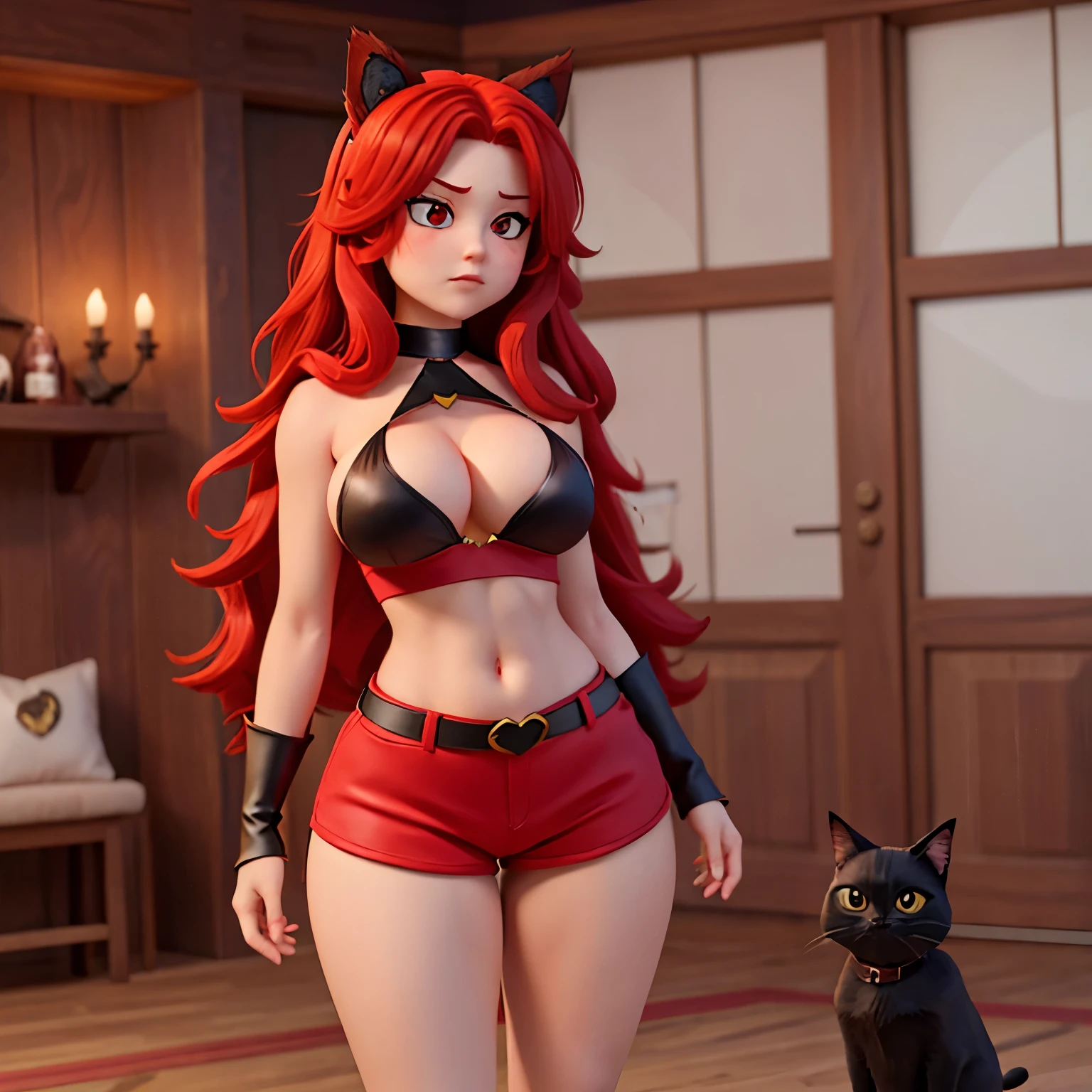 Female, long messy red hair, black cat ears on head, red eyes, blush, large chest, cleavage, red gem, nipples, black shorts, thicc waist, thicc thighs, red boots, red cape, red hood