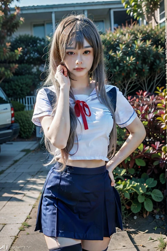 ultra-detailed,highly detailed,best quality,masterpiece,illustration,realistic,photorealistic,
clannad, hikarizaka private high , summer uniform, 
1girl, solo, cosplay, 
serafuku, short sleeves shirt, sailor collar, suspender skirt, thighhighs, neck ribbon, 
bangs, hair ornament, very long hair, grey hair, hairband,
looking at viewer, standing, cowboy shot, 
outdoors, photo background, plant, day, cherry blossoms, falling petals, wind,
tarankaaa, ((perfect eyes, detailed eyes,realistic eyes)), ((sharp face, detailed face, realistic face, natural skin, realistic skin, detailed skin, pores)), ((perfect body, detailed body, realistic body, big proportions)) 