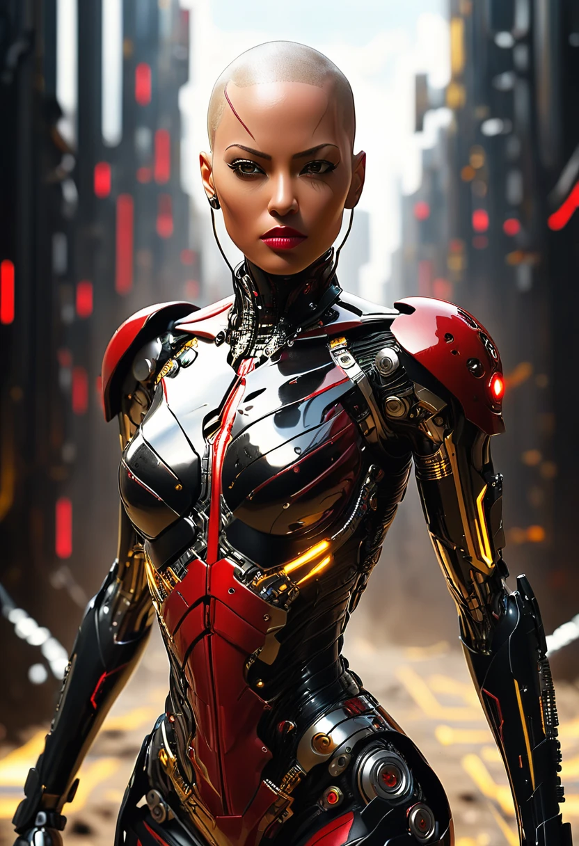 full length view. (cyborg woman) bold, menacing look. "Full body shot, head to toe, full length, Wide field of view, centered, unframed" Running red and black female cyborg. Dynamic picture, the whole body of the cyborg in motion, futuristic city. with red and yellow stripes. --AR 9:16 -- from 1:2 Porcelain face and head,
No hair, detailed realistic close-up, dirt, Dust, Canon 5d cinematic frame