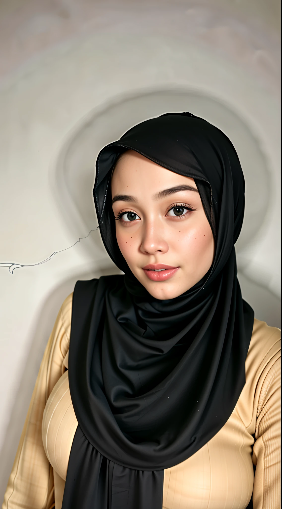 masterpiece, (ultra-high-definition portrait, vignet:1.4), Realistic, extremely detailed, CG unified, 8k, Clean lines, highly detailed, High-definition, raw color photos, Realistic portrait, Cinematic Light, Beautiful detailed, (1hijabgirl, indonesian:1.5), (165cm tall, big breasts with lips like she wants to kiss:1.5), Beautiful big breasts, breasts details, very tight, (Biggorgeous breast, Smile:1.5), (Soft smiling, Big Breast:1.4), Close up of a girl in Beautiful clothes with errected nipple, biggorgeous breast, Smiling, scarf, (Bombastic Side Eyes with curvaceous body:2), pose 4 of 1 6, Undress, No bra, (nipples that are clearly sticking out detail:1.2), Outdoors, high intricate detailed.