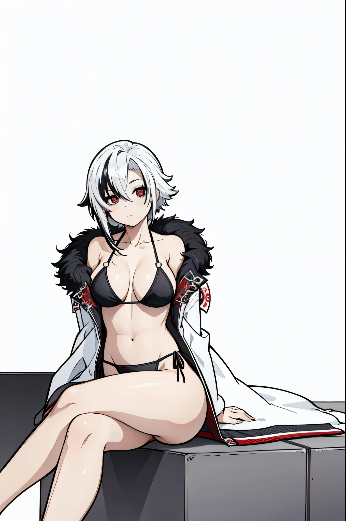 1girl ,bare shoulders,bikini,black bikini,black hair,breasts,cleavage,crossed legs,fur-trimmed jacket,fur trim,grey eyes,grey jacket,halterneck,jacket,large breasts,long hair,looking at viewer,multicolored hair,off shoulder,red pupils,sitting,solo,streaked hair,swimsuit,symbol-shaped pupils,thighs,white background,white hair,x-shaped pupils