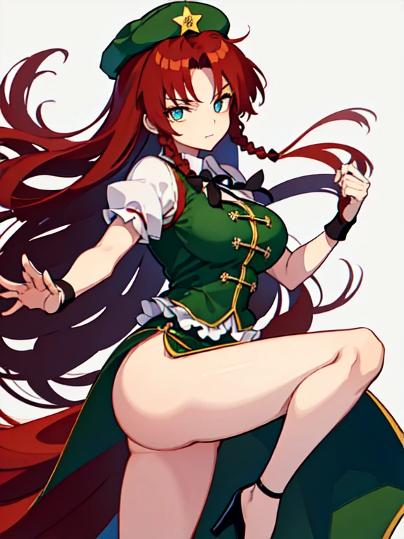 hong_meiling, from touhou, she has red long hair, blue eyes, big breasts, green cap, china dress, high heels, excellent proportion, perfect legs, raising leg, she is assertive, temptation, masterpiece, garden 