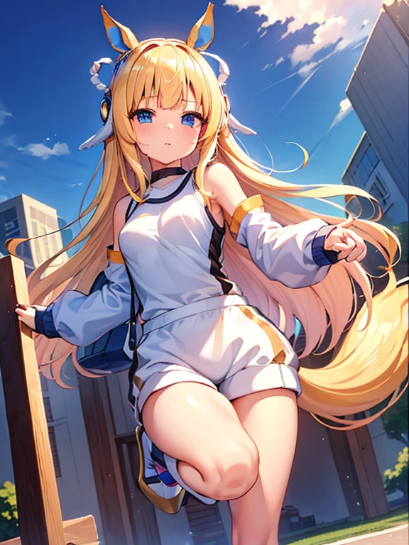 ((masterpiece))、highest quality、(Whole body wide angle)、Neo Universe(Umamusume)、(1 girl、solo)、(horse ears、Uma Musume)、beautiful blue eyes、No expression、(blonde long hair)、spread hair、((small breasts))、(((training wear)))、closed mouth、at the gym、Training Equipment