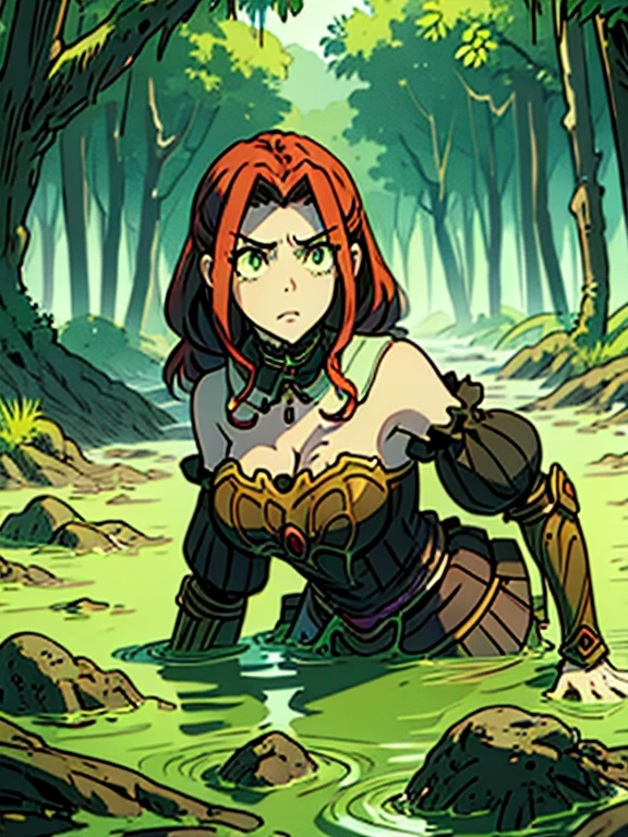 beautiful woman, 1girl, solo, red hair, green eyes, breasts, long hair, armor, cleavage, upper body, choker, closed mouth, detached sleeves, jewelry, bare shoulders, parody,  submerged in the swamp water drops on her body, bottomless swamp, last moments, mad , crazy