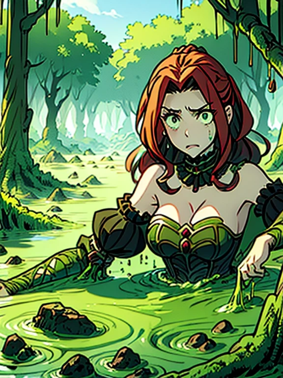 beautiful woman, 1girl, solo, red hair, green eyes, breasts, long hair, armor, cleavage, upper body, choker, closed mouth, detached sleeves, jewelry, bare shoulders, parody,  submerged in the swamp water drops on her body, bottomless swamp, last moments, mad , crazy