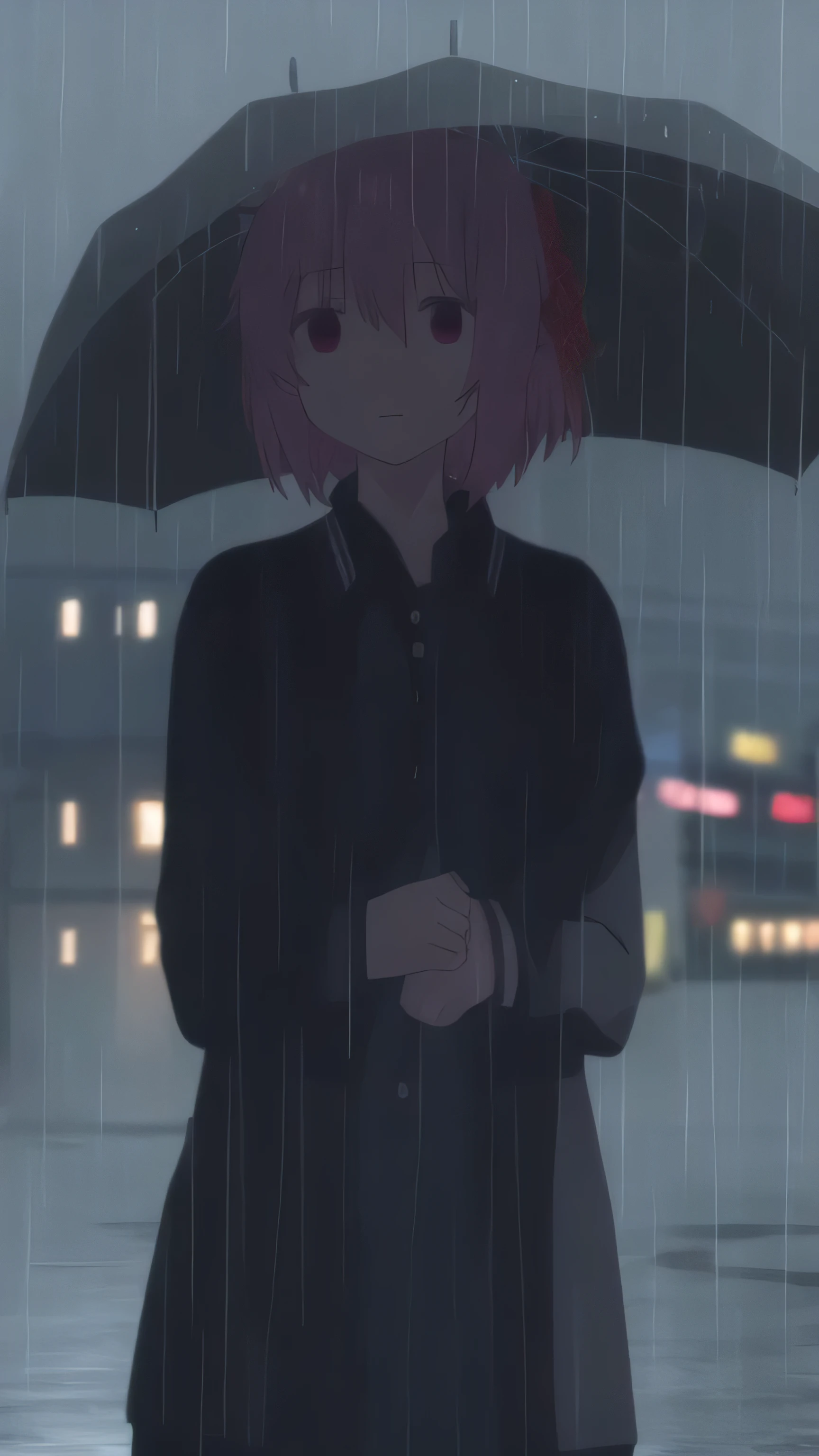 Satou,  raining, outside, wet clothes, emotionless, expressionless, city atmosphere, black polo costume,