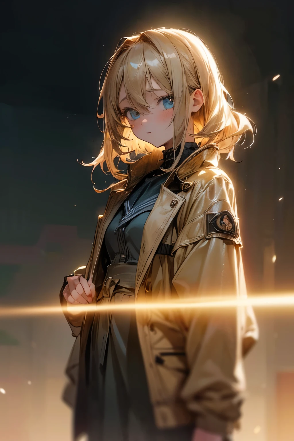 ((Masterpiece)), (Anime:1.5), ((best quality)), (RAW photo:1.2), (High Definition:1.3), (Professional Photography:1.2), (glowing light), 1girl, ((12 years old)), very delicate and beautiful girl, very delicate and beautiful, (ash blonde hair), unruly hair, very detailed, shape, looking at the viewer, Material, (ragged jacket), genuineistic, realist ,genuine,