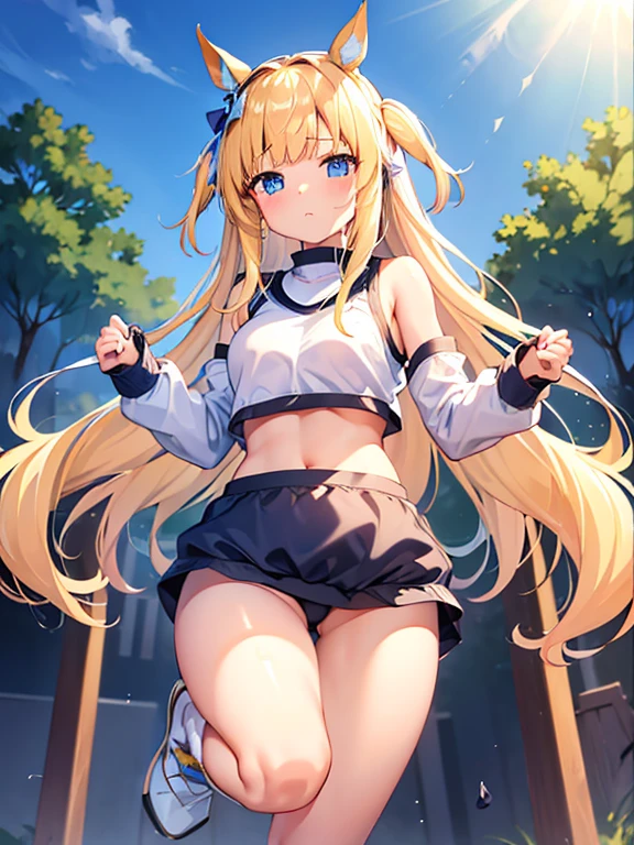 ((masterpiece))、highest quality、(Whole body wide angle)、Neo Universe(Umamusume)、(1 girl、solo)、(horse ears、Uma Musume)、beautiful blue eyes、No expression、(blonde long hair)、spread hair、((small breasts))、(((training wear)))、closed mouth、at the gym、Training Equipment