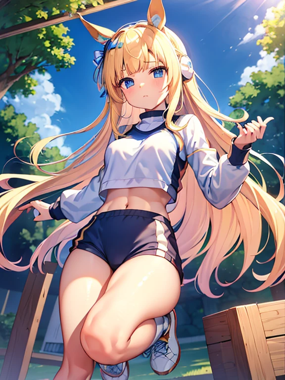 ((masterpiece))、highest quality、(Whole body wide angle)、Neo Universe(Umamusume)、(1 girl、solo)、(horse ears、Uma Musume)、beautiful blue eyes、No expression、(blonde long hair)、spread hair、((small breasts))、(((training wear)))、closed mouth、at the gym、Training Equipment