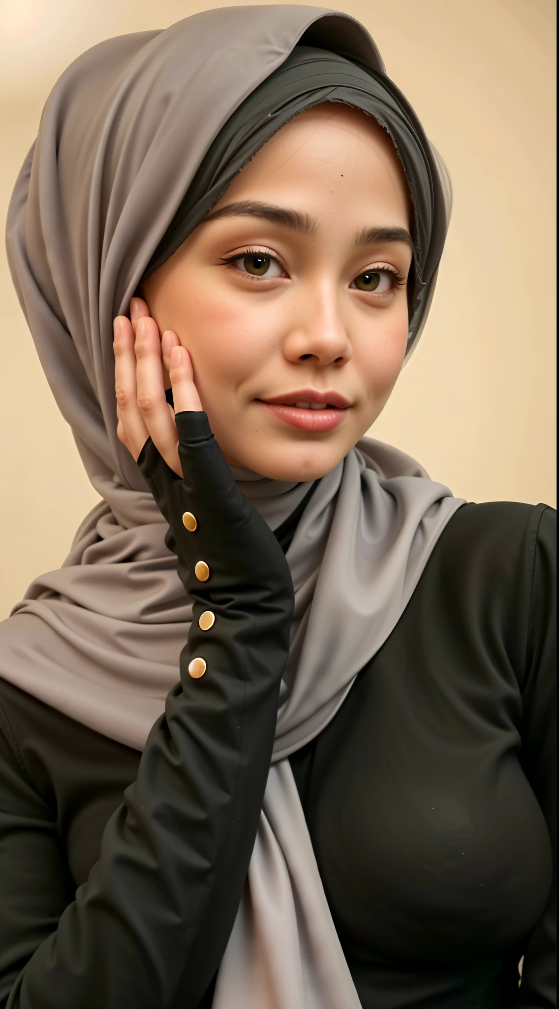 ((Old Lady :1.3)), (((VERY SHINY SKIN))), Very cute like a Matured Lady, ((Stylish Hijab)), adorable, 1 girl, 55 years old, baby face, shy, half body portrait,smile, (face details: 1), (eye details: 1), ((round large breasts, cleavage)). Cute posed. proportional body. Ultra High Res. (realistic: 2), UHD, ((SHINY SKIN :1.4))