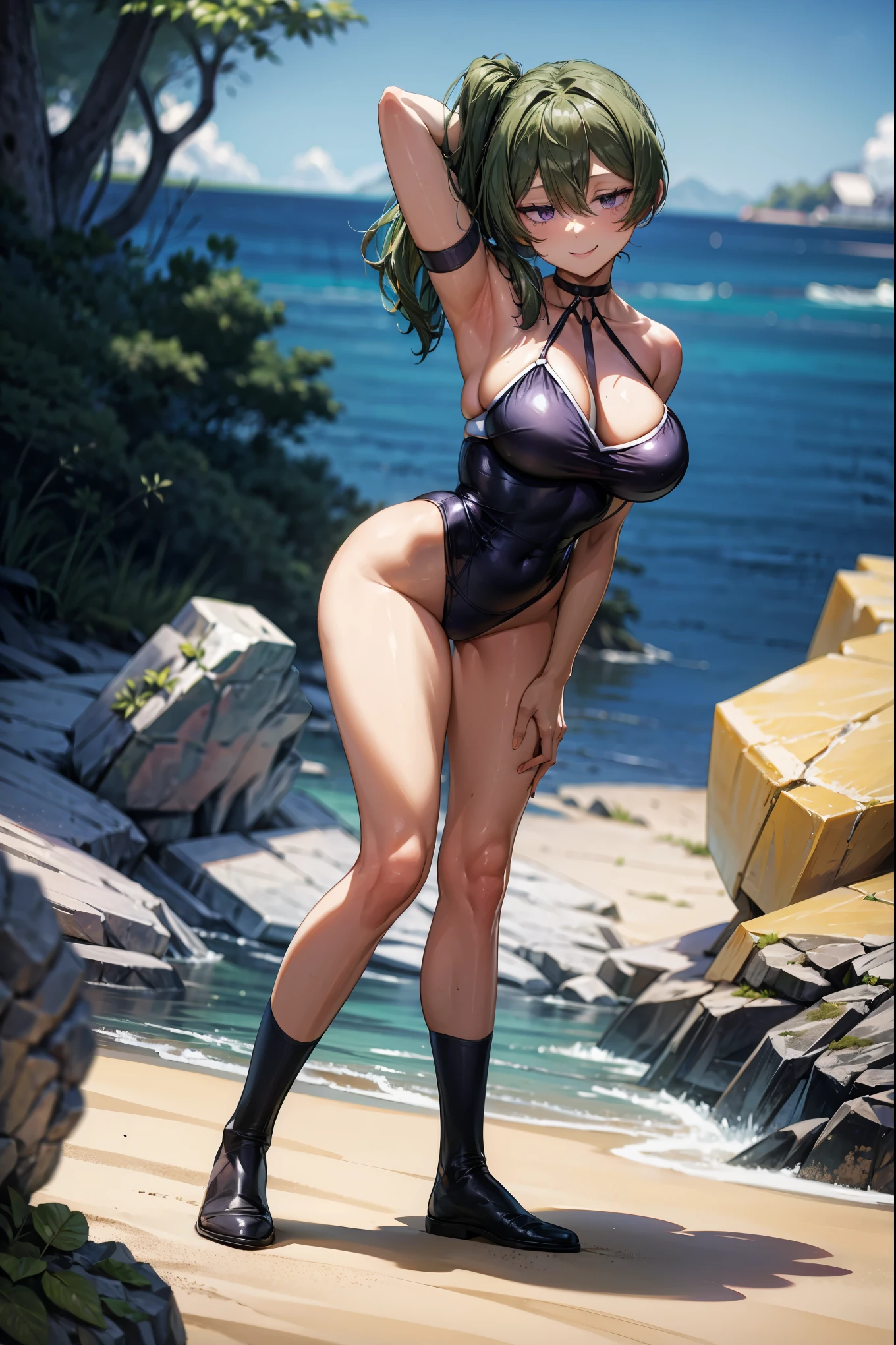 (masterpiece, best quality), (high resolution,weak outline),(textile shading), BREAK (1girl, Ubel), BREAK (breast cleavage, beautifuly shaped breasts), BREAK ((shows armpits)), BREAK ((beautiful purple eyes)), BREAK (long green hair(side ponytail, hair between eyes, bangs)), BREAK ((black swimsuit)), BREAK ((she is standing on beautfil beach, ocean is behind her)), ((full body shot)), BREAK (seductive smile),