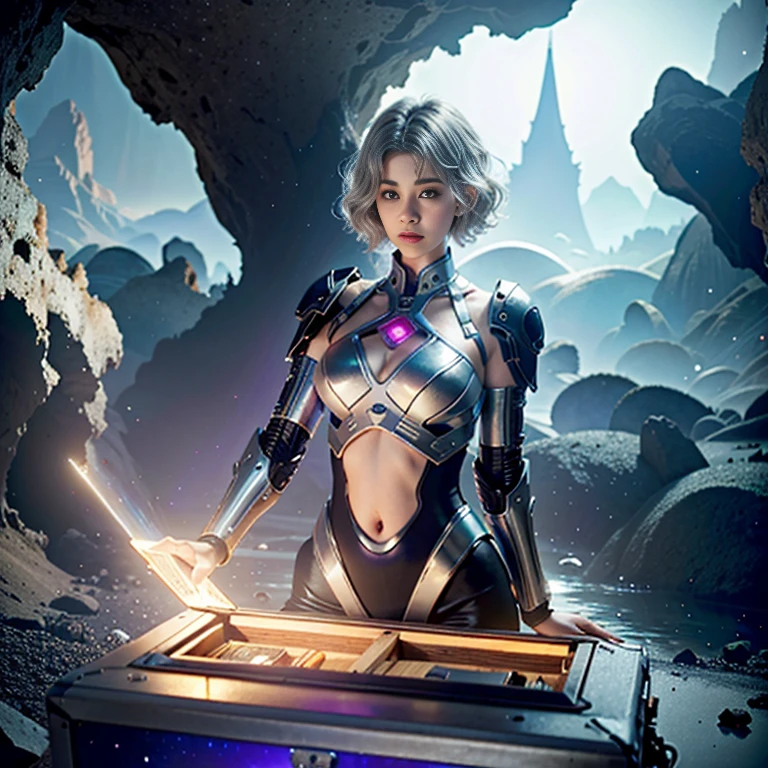 (best quality,4k,8k,highres,masterpiece:1.37), ultra-detailed, (realistic,photorealistic,photo-realistic:1.5), pixel art, (aerial view), (top down perspective), k4l3yc-v1, (the focal point is one woman pulling a video game cartridge out of a futuristic treasure chest full of retro video game cartridges:1.6), (the woman is looking down:1.5), (Futuristic treasure box), (The woman is looking inside the treasure box:1.6), fantasy00d, (The scene unfolds inside a mystical cavern:1.4), mecha, cbpkv5, (The woman is wearing a black-blue metal high-tech mecha pilot bodysuit:1), (dynamic angle:1.4), (The woman has short platinum hair:1.6), (fantasy and sci-fi mixed:1.5), holographic glitch effects floats around the woman, vibrant colors, (A purple glow emanates from inside the treasure chest), glowing lights, (abandoned machinery), (there are old video game cartridges and consoles on the background), mystical creatures, pixelated details, (there are crystal formations spreading on the background), (futuristic technology), (ancient artifacts), mystical energy, vibrant retro aesthetic, atmospheric lighting, hidden passages, ancient ruins, mysterious symbols, shimmering water, lush vegetation, interdimensional portals, ethereal music, nostalgic atmosphere, immersive storytelling, epic adventure, delightful surprises.