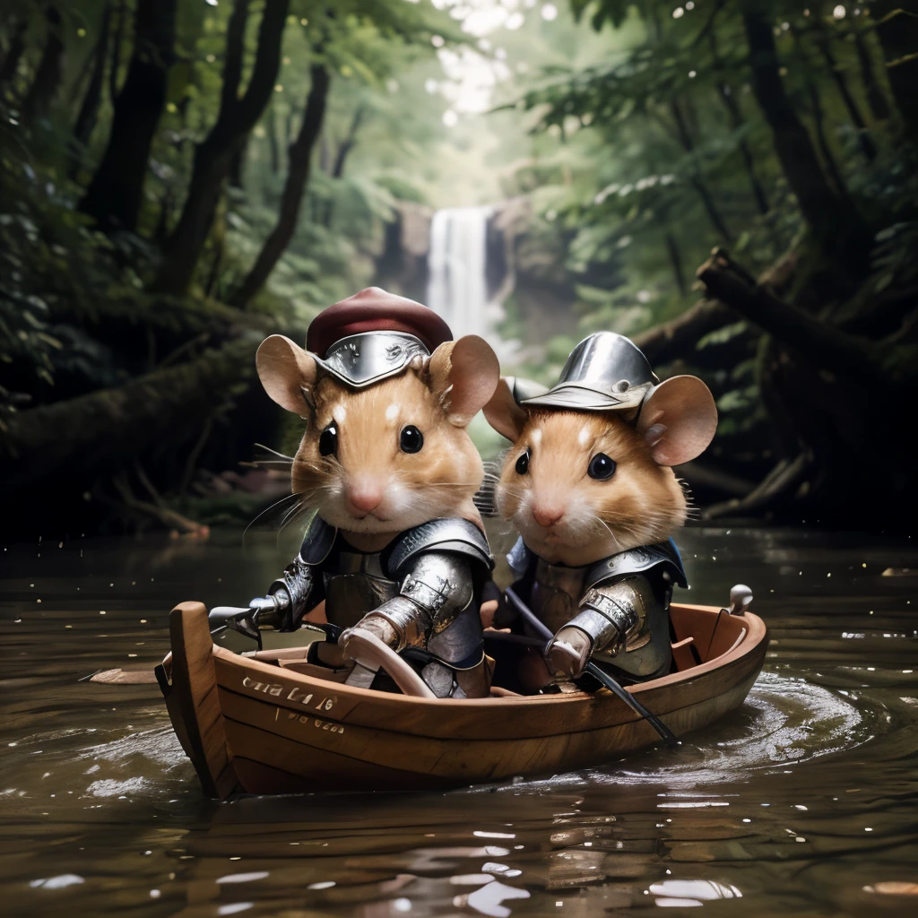 Hamster together with his mouse friend on an adventure in a small wooden boat on a torrent with stones in the water, fallen trees, flowing through a mystical forest. The hamster wears light leather armor and a hat, the mouse wears shiny silver armor, maximum details, photorealistic