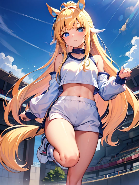 ((masterpiece))、highest quality、(Whole body wide angle)、Neo Universe(Umamusume)、(1 girl、solo)、(horse ears、Uma Musume)、beautiful blue eyes、No expression、(blonde long hair)、spread hair、((small breasts))、(((training wear)))、closed mouth、at the gym、Training Equipment