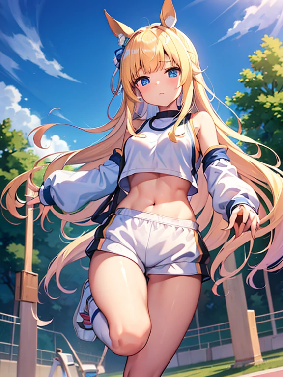 ((masterpiece))、highest quality、(Whole body wide angle)、Neo Universe(Umamusume)、(1 girl、solo)、(horse ears、Uma Musume)、beautiful blue eyes、No expression、(blonde long hair)、spread hair、((small breasts))、(((training wear)))、closed mouth、at the gym、Training Equipment