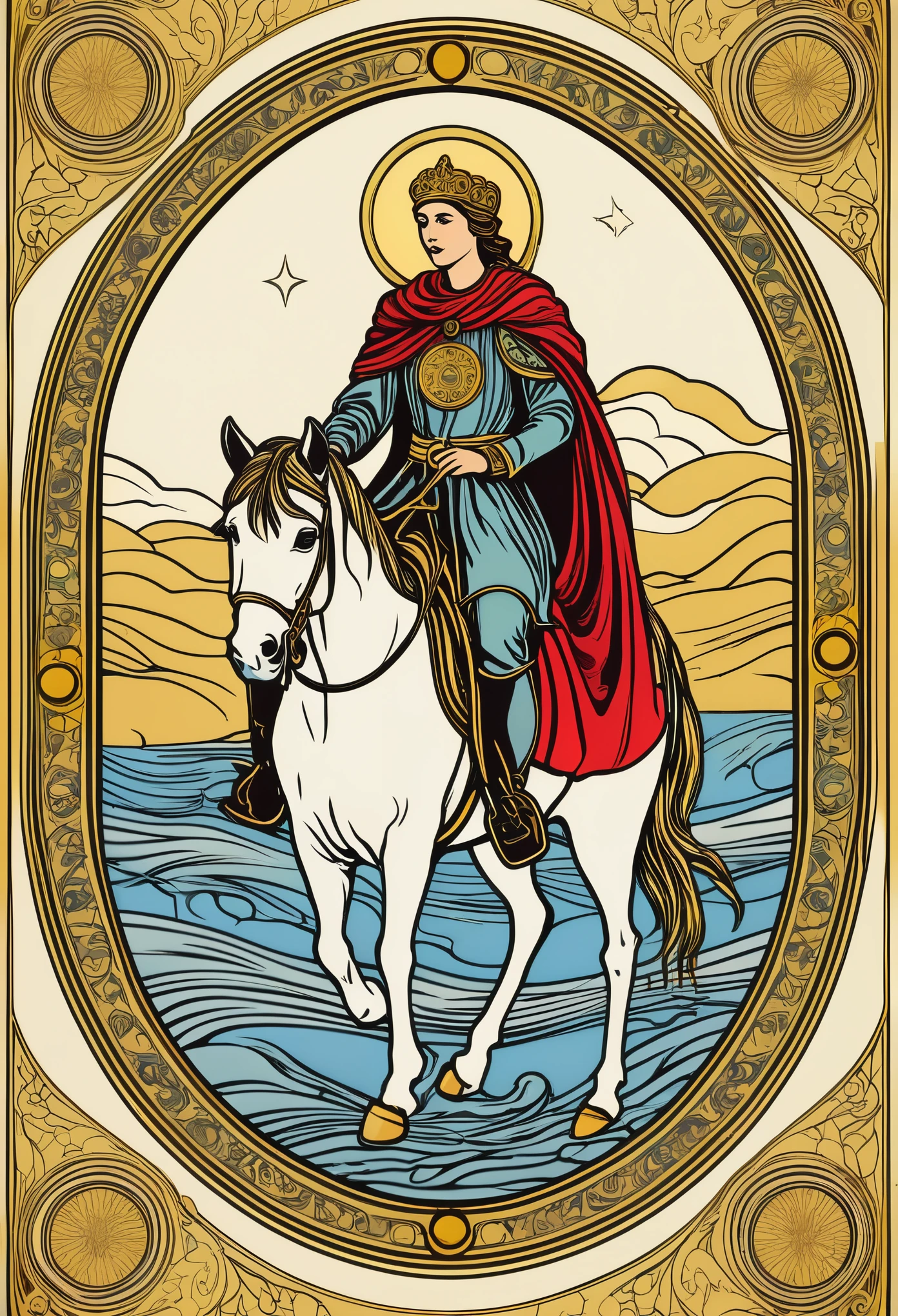Tarot cards, Rider-Waite, line art, flat colors, abstraction, tarot oval circles, gold borders