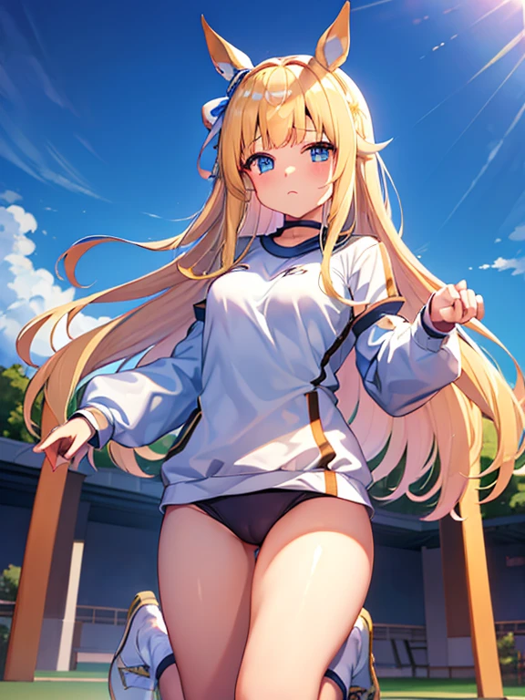((masterpiece))、highest quality、(Whole body wide angle)、Neo Universe(Umamusume)、(1 girl、solo)、(horse ears、Uma Musume)、beautiful blue eyes、No expression、(blonde long hair)、spread hair、((small breasts))、(((training wear)))、closed mouth、at the gym、Training Equipment