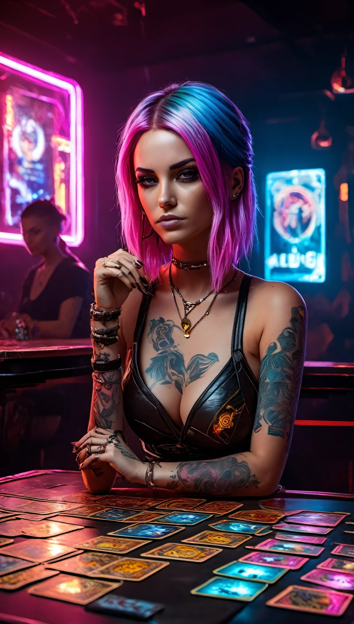 (tatot cards), realistic digital painting, cyberpunk 2077 style, mystical room in futuristic world, table with modern big tarot cards, beautiful woman, dark makeup, mystical tattoos, cyberpunk fortune teller outfit, spreads tarot to some cyberpunk woman (punk with colorful hair, wearing strange and mismatched clothes), unfolded big tarot cards are visible on the table, dark room, light neon lighting, cyberpunk style, realistic, lots of detail, 8k, film grain, raw photo,
