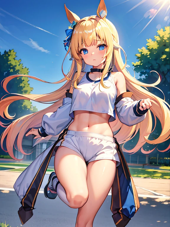 ((masterpiece))、highest quality、(Whole body wide angle)、Neo Universe(Umamusume)、(1 girl、solo)、(horse ears、Uma Musume)、beautiful blue eyes、No expression、(blonde long hair)、spread hair、((small breasts))、(((training wear)))、closed mouth、at the gym、Training Equipment