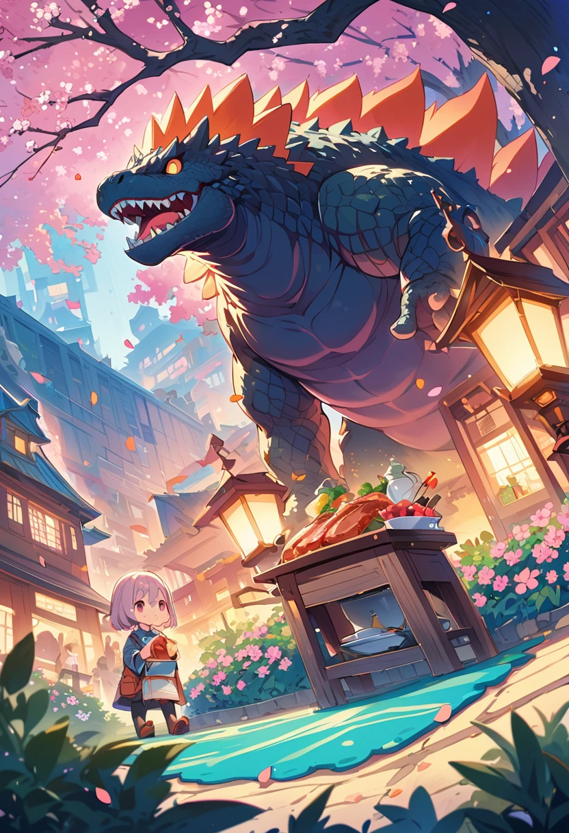 A cute Q version of Godzilla，illustration，Super detailed，High-rise and HDR，Cartoon-like appearance，Holding a tray with cooked ham and meat，in a beautiful garden，It is surrounded by cherry blossom trees，vivid coloruted pastel tones，Studio lighting