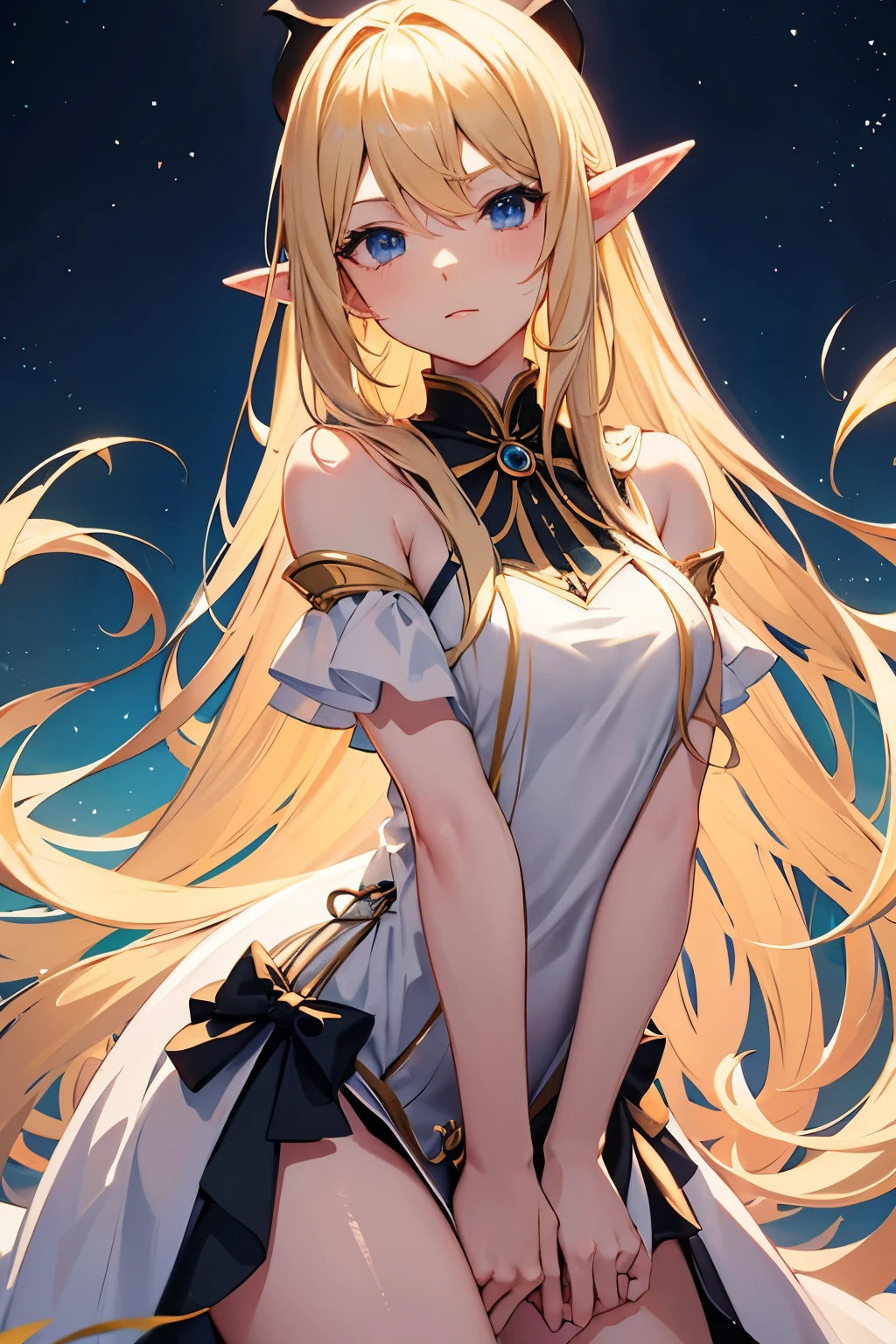 golden light everywhere, elf, white tight shorts, white bolero, fireflies, detailed, colorful