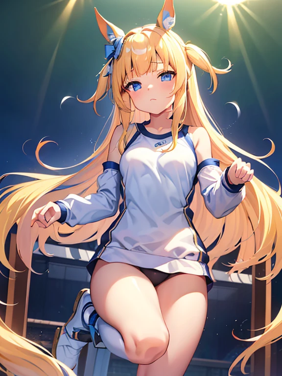((masterpiece))、highest quality、(Whole body wide angle)、Neo Universe(Umamusume)、(1 girl、solo)、(horse ears、Uma Musume)、beautiful blue eyes、No expression、(blonde long hair)、spread hair、((small breasts))、(((training wear)))、closed mouth、at the gym、Training Equipment