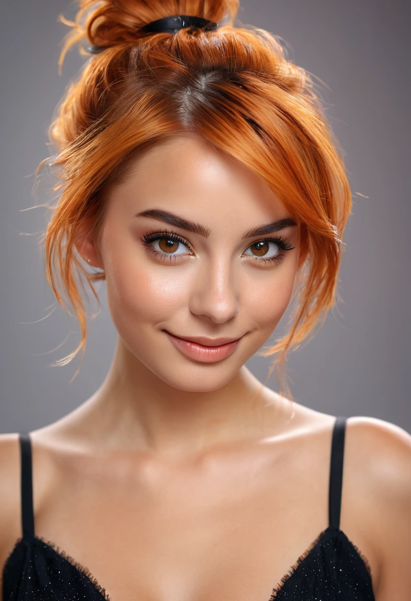 Beautiful and sexy European woman with light brown eyes, 25 years old, strong and vibrant short orange hair the girl is wearing a beautiful black dress, high heels, full subject shown in the photo, abstract light background, girl is in focus, blurred background, depth of field, sarcastic smile, girl is looking to the side, girl is not looking at the camera, complete subject appears in the photo, bare legs, no nudity, hair in a messy bun, light brown eyes, vibrant orange hair slim waist, very detailed, innocent face, face length 1.3 times the width of the face, almond-shaped eyes, square face shape, high cheekbones, naturally wavy hair, honey eyes, high resolution, artwork, best quality , intricate details, very detailed, sharp focus, detailed skin, realistic skin texture, texture, detailed eyes, professional, 4k, charming smile, shot with Canon, depth of field, Kodak Vision Colors, Perfectly fitted body, extremely detailed, photo_\ ( ultra \), photorealistic, realistic, post-processing, Maximum detail, roughness, Real life, ultrarealistic, photorealism, photography, 8K Ultra HD, photography