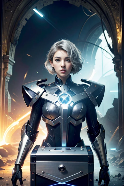 (best quality,4k,8k,highres,masterpiece:1.37), ultra-detailed, (realistic,photorealistic,photo-realistic:1.5), pixel art, (aerial view), (top down perspective), k4l3yc-v1, (the focal point is one woman pulling a video game cartridge out of a futuristic treasure chest full of retro video game cartridges:1.6), (the woman is looking down:1.5), (Futuristic treasure box), (The woman is looking inside the treasure box:1.6), fantasy00d, (The scene unfolds inside a mystical cavern:1.4), mecha, cbpkv5, (The woman is wearing a black-blue metal high-tech mecha pilot bodysuit:1), (dynamic angle:1.4), (The woman has short platinum hair:1.6), (fantasy and sci-fi mixed:1.5), holographic glitch effects floats around the woman, vibrant colors, (A purple glow emanates from inside the treasure chest), glowing lights, (abandoned machinery), (there are old video game cartridges and consoles on the background), mystical creatures, pixelated details, (there are crystal formations spreading on the background), (futuristic technology), (ancient artifacts), mystical energy, vibrant retro aesthetic, atmospheric lighting, hidden passages, ancient ruins, mysterious symbols, shimmering water, lush vegetation, interdimensional portals, ethereal music, nostalgic atmosphere, immersive storytelling, epic adventure, delightful surprises