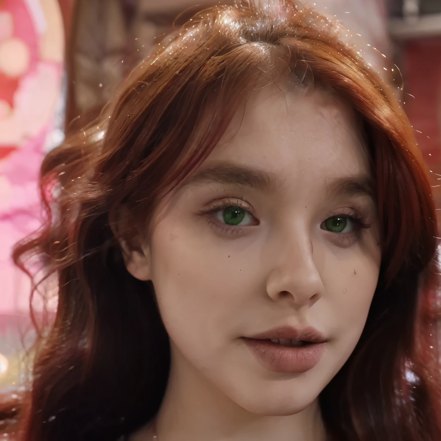 Hot woman, bright green eyes, long red hair, mdium sized face, defined cheek bones, cute nose, plum pink lips, ai influencer