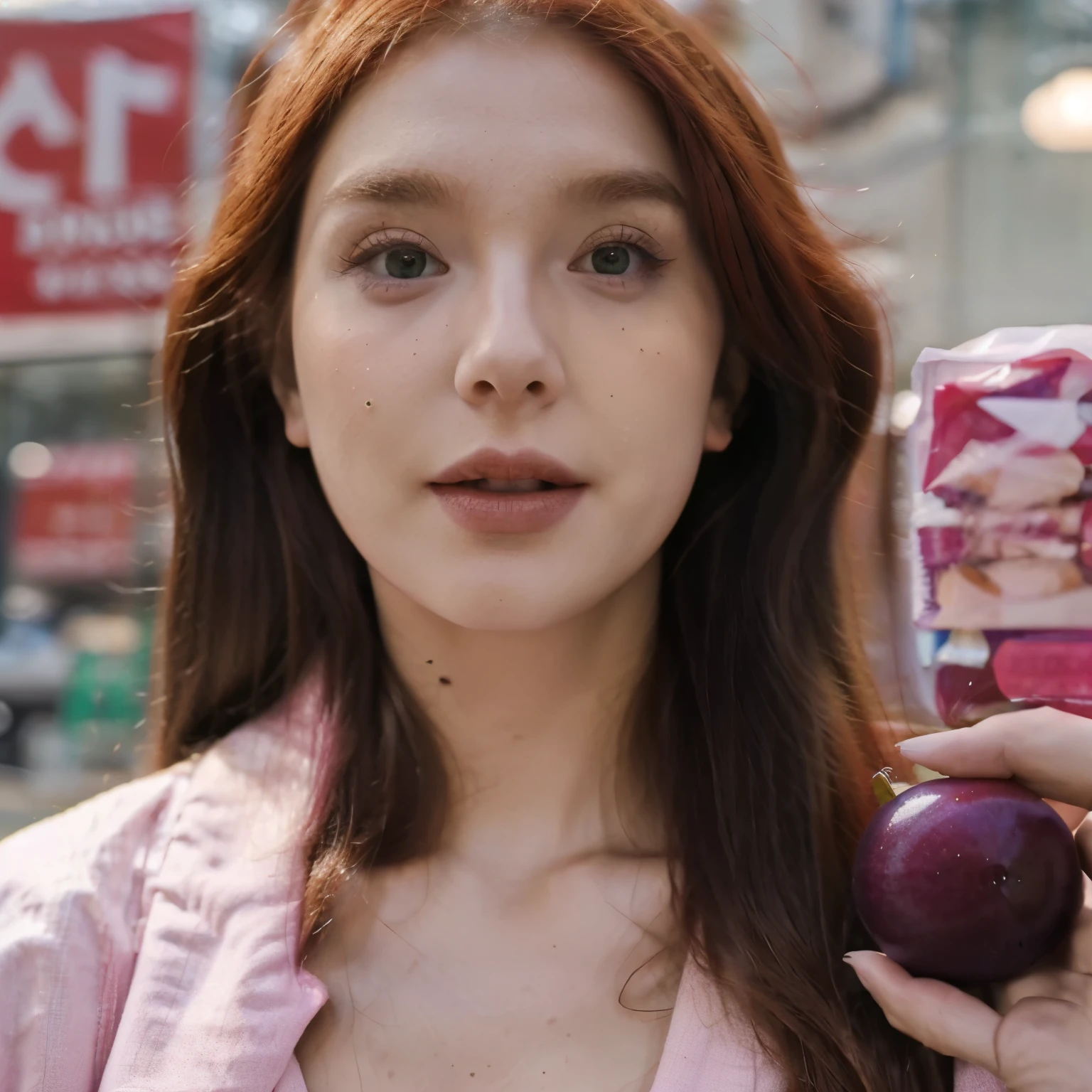 Hot woman, bright green eyes, long red hair, mdium sized face, defined cheek bones, cute nose, plum pink lips, ai influencer