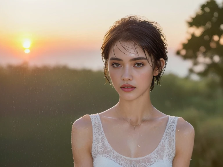 ((top-quality、8K、masterpiece: 1.erfect Body Beauty: 1.4、Slender Abs: 1.2、Beautiful woman with slender abs:1.3、(Highlight Haircutreast B Cup:1.2), medium breast, round shape breast, perfect shape breast, ((she wears wet sheer white tank top)) , bra underneath, ( pencil skirt ) necklace, hyperdetailed face、18year old、 Pretty women、(Dark brown short-cut hair), Slim Face、Highly detailed facial and skin texture、very detailed lips、top-quality、masterpiece、超A high resolution、(Photorealsitic:1.4), long shot , bright background, sunset light,