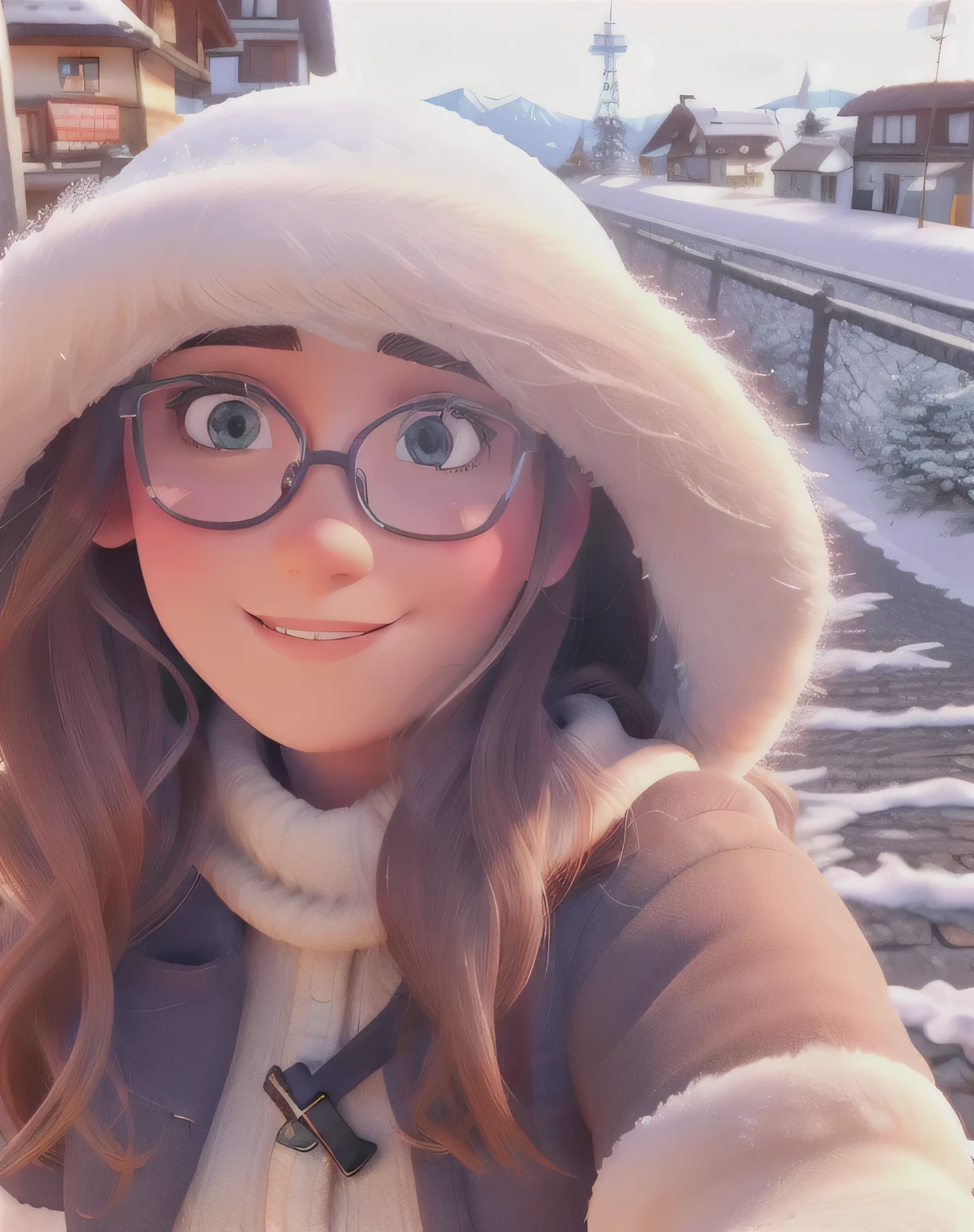 In the background of this beautiful woman, place a Swiss Alp with a landscape full of snow.