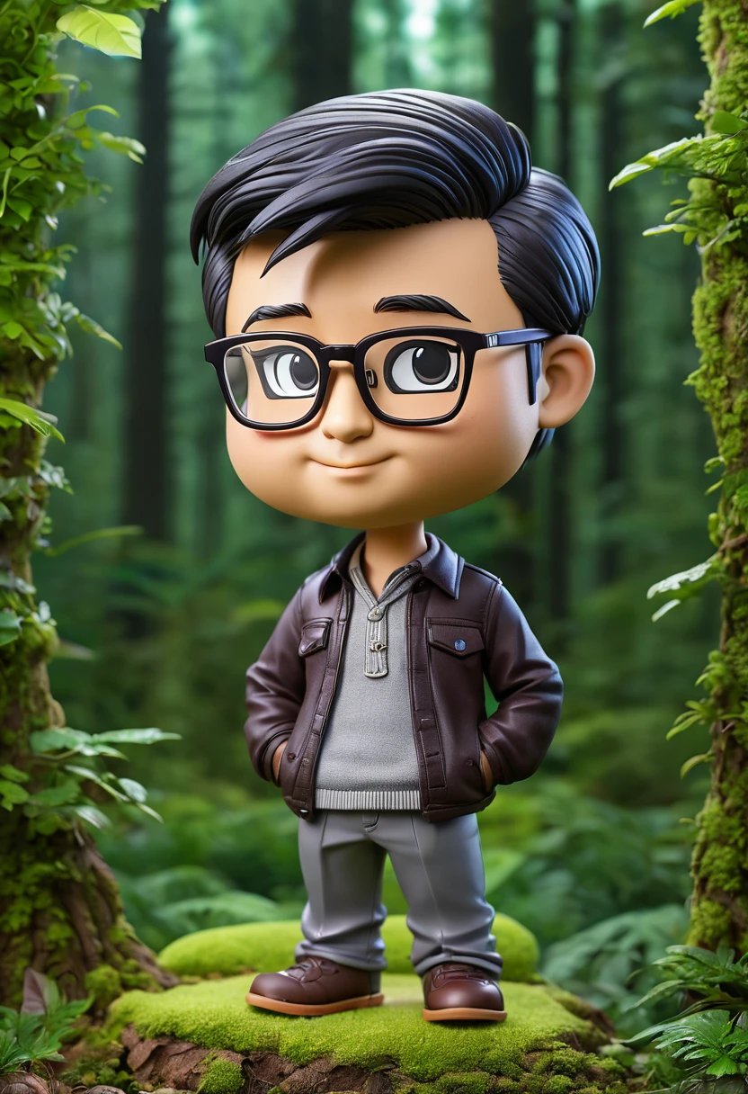 tmasterpiece, Man with glasses, Nerd, Studio lighting, cartoonish style, tchibi, radi, forest backgrou, highly detailed