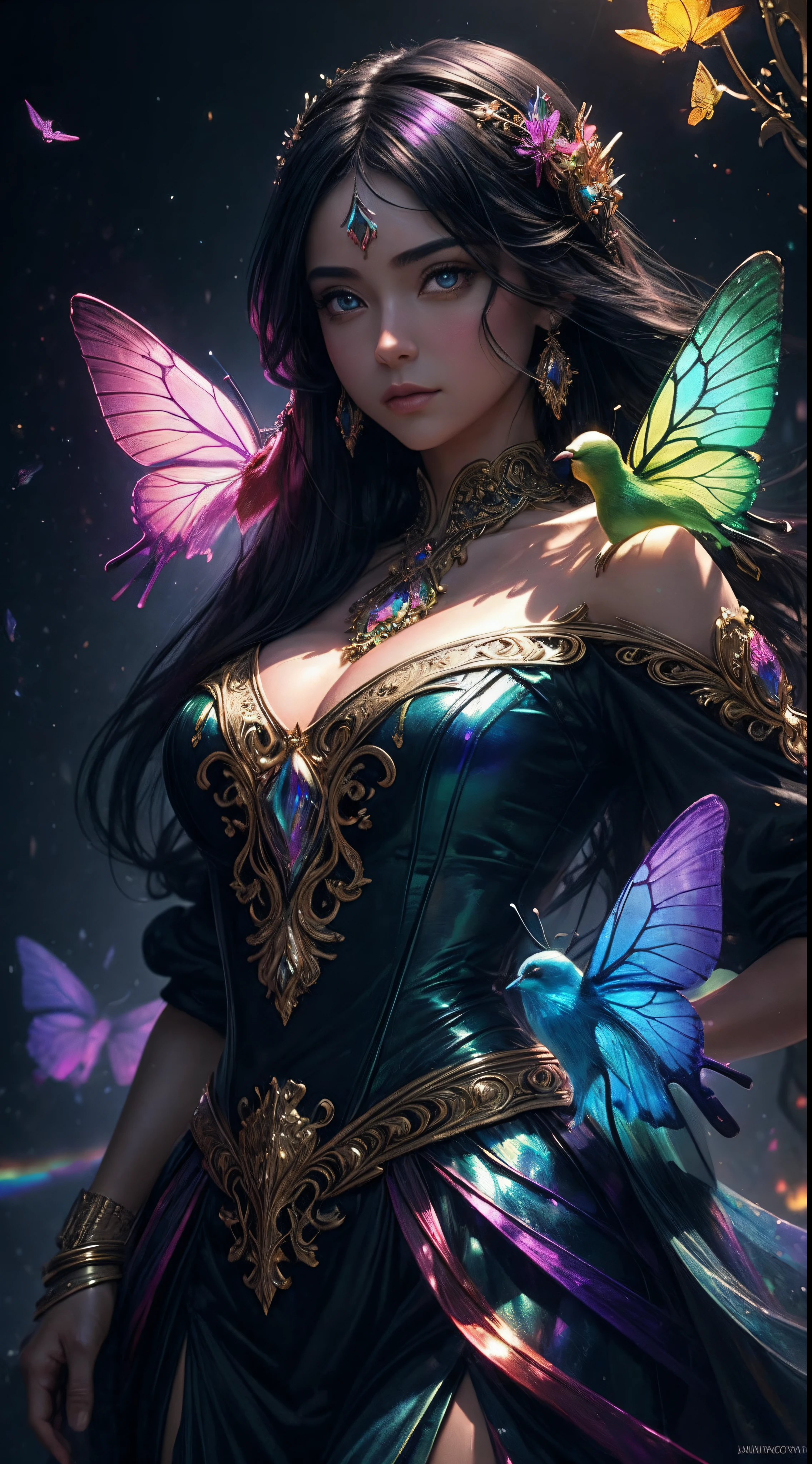 (((obra de arte))), (((ornamentado))), (((Melhor qualidade))), ((ultra-detalhado)), (highly detailed CG illustration), ((extremamente delicado e lindo)), cinematic light. Create a stunning work of fantasy art that emulates the style of the masters of the currently trending genre. The art piece should contain rich and ornamentado elements of both mythic fantasy and fairytale fantasy with colorful rainbow accents and dark jewel-toned hues. ((Use rainbow as your main color scheme.)) The character in the artwork is a delicate figure, mas forte, with an aura of mystery and magic.. Pay close attention to complex facial features, como olhos hipnotizantes com cores vibrantes e sombras ousadas. As roupas do personagem devem ser desenhadas com penas finas, seda, bordado deslumbrante, e detalhes iridescentes sutis. Incorporar (((translucent iridescent rainbow))), Cores sonhadoras, Lighting dinâmica, and detailed background elements to create a sense of wonder and immersion. ((Includes colorful flying magical birds and jewel-toned rainbow butterflies that radiate a magical aura.)) Consider the latest trends in fantasy art, como incorporar efeitos de Lighting exclusivos, exploring dynamic and compelling compositional techniques, e experimentando paletas de cores exclusivas. Inspire-se nos principais artistas do ArtStation e Midjourney. Camera: Choose an angle that highlights the beauty of the character and highlights the magical majesty of the artwork. Lighting: Utilize técnicas de Lighting atmosférica para criar profundidade e clima. resolution: Procure uma arte de alta resolution para mostrar detalhes intrincados e clareza. Artistic Inspirations: Find inspiration from trending artists on ArtStation, explorando diferentes estilos, genres, e temas.