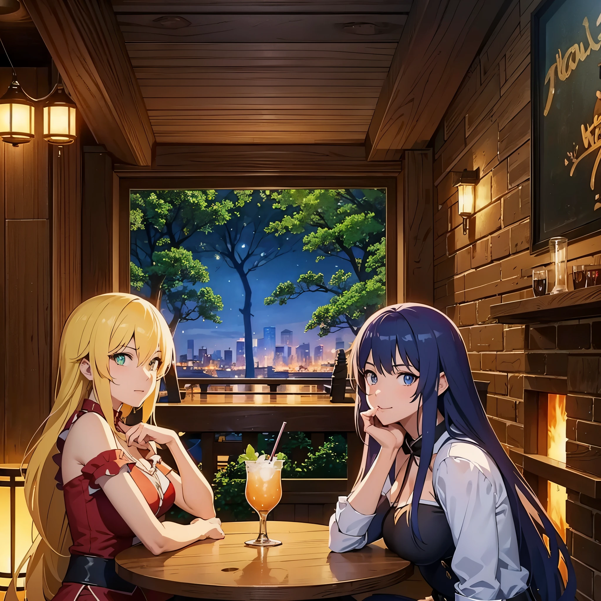 anime characters sitting at a bar with drinks and a woman, tavern background, 2. 5 d cgi anime fantasy artwork, anime in fantasy style, fantasy tavern background, a multidimensional cozy tavern, at a bar, drinking at the bar, anime fantasy illustration, anime fantasy artwork, in the pub, in fantasy tavern near fireplace, taverns nighttime lifestyle