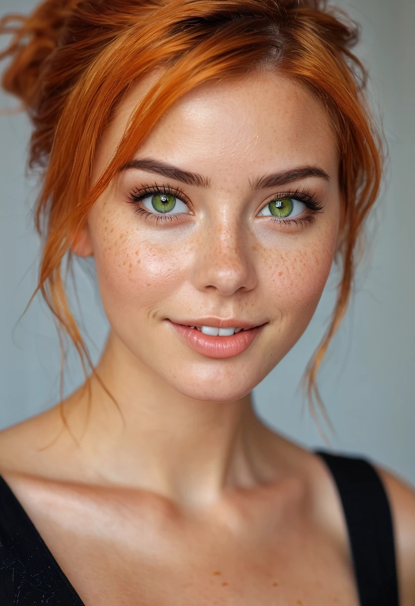 Beautiful and sexy European woman with green eyes, slightly freckled, 25 years old, strong and vibrant short orange hair the girl is wearing a beautiful black dress, high heels, full subject shown in the photo, abstract light background, girl is in focus, blurred background, depth of field, sarcastic smile, girl is looking to the side, girl is not looking at the camera, complete subject appears in the photo, bare legs, no nudity, hair in a messy bun, light brown eyes, vibrant orange hair slim waist, very detailed, innocent face, face length 1.3 times the width of the face, almond-shaped eyes, square face shape, high cheekbones, naturally wavy hair, honey eyes, high resolution, artwork, best quality , intricate details, very detailed, sharp focus, detailed skin, realistic skin texture, texture, detailed eyes, professional, 4k, charming smile, shot with Canon, depth of field, Kodak Vision Colors, Perfectly fitted body, extremely detailed, photo_\ ( ultra \), photorealistic, realistic, post-processing, Maximum detail, roughness, Real life, ultrarealistic, photorealism, photography, 8K Ultra HD, photography