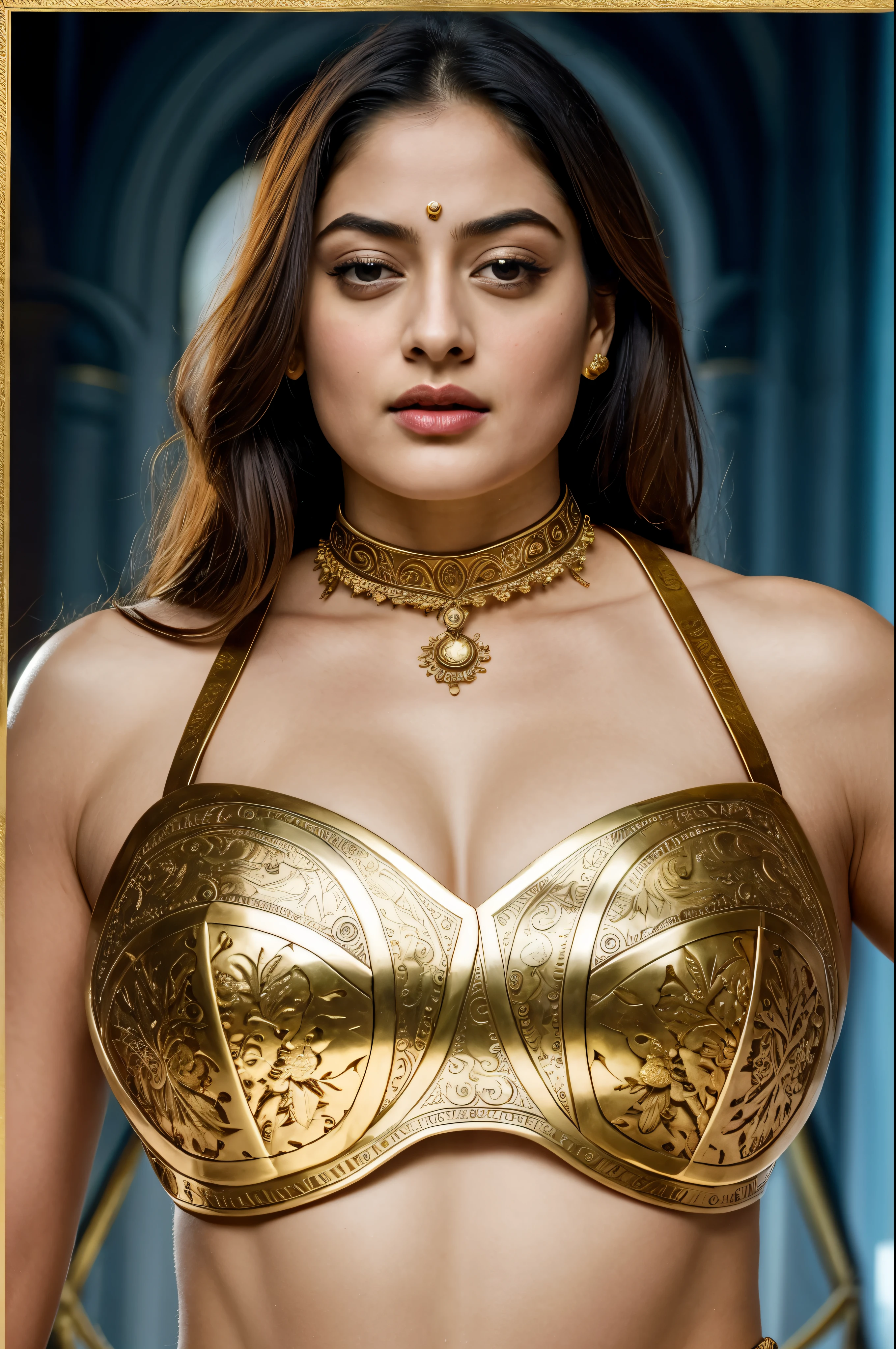 Looks like Sandeepa Dhar, "Design an illustration of a stunning and powerful warrior queen with a regal presence. She should possess a combination of strength and grace. Imagine her in ornate, yet practical armor that complements her figure. The armor should be adorned with intricate details and symbols representing her royal lineage and warrior prowess. Her weapon of choice could be a unique and elegant sword or a mythical weapon that reflects her status as a formidable leader.
Her facial features should exude confidence and determination, with piercing eyes that convey both fierceness and wisdom. The queen's hair, whether long or short, should flow dynamically, hinting at her movement in battle. Consider incorporating elements that emphasize her connection to nature or a mythical realm, such as ethereal backgrounds, symbolic animals, or mystical symbols.
Pay attention to the color palette; use rich, bold colors that enhance her royal aura. Experiment with lighting to highlight specific details and create a sense of drama. Ensure that her posture and expression capture the essence of a queen who commands respect and admiration. Feel free to draw inspiration from historical warrior queens or fictional characters, blending elements to create a unique and captivating image."