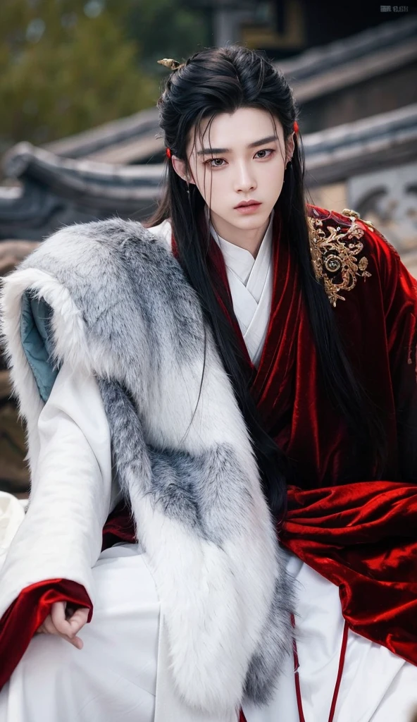 trimmed man with blue and white shirt and pants sitting on a bed, cai xukun, handsome androgynous prince, inspirado em Jeon Jungkook, jovem, inspirado em BTS, handsome chinese prince, cai xukun, inspirado em Zhang Han, handsome androgynous prince, cabelos soltos e vestes longas, hanfu, delicate androgynous prince, hanfu branco, inspirado em Wu Daozi, com cabelos longos brancos, vestindo vestes vermelhas douradas, com longos cabelos brancos