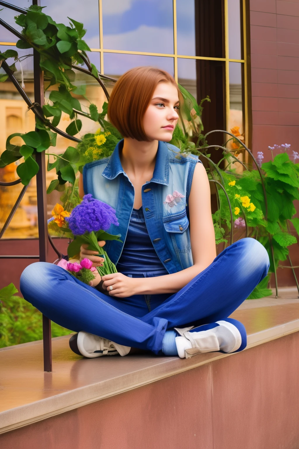 Arafed woman sitting on a ledge with a flower in her hand, sitting with flowers, Anna Nikonova, Anna Nikonova aka newmilky, Everyday photography, from Maximilizhan Vanka, wear denim jackets, attractive tomboy girl, yelena belova, alina ivanchenko, style of Yulia Razumova, Dasha Taran