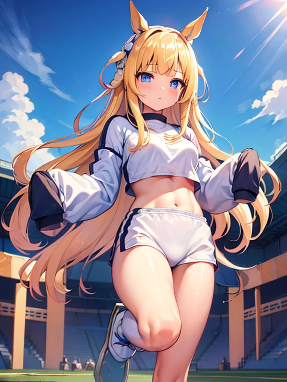 ((masterpiece))、highest quality、(Whole body wide angle)、Neo Universe(Umamusume)、(1 girl、solo)、(horse ears、Uma Musume)、beautiful blue eyes、No expression、(blonde long hair)、spread hair、((small breasts))、(((training wear)))、closed mouth、at the gym、Training Equipment