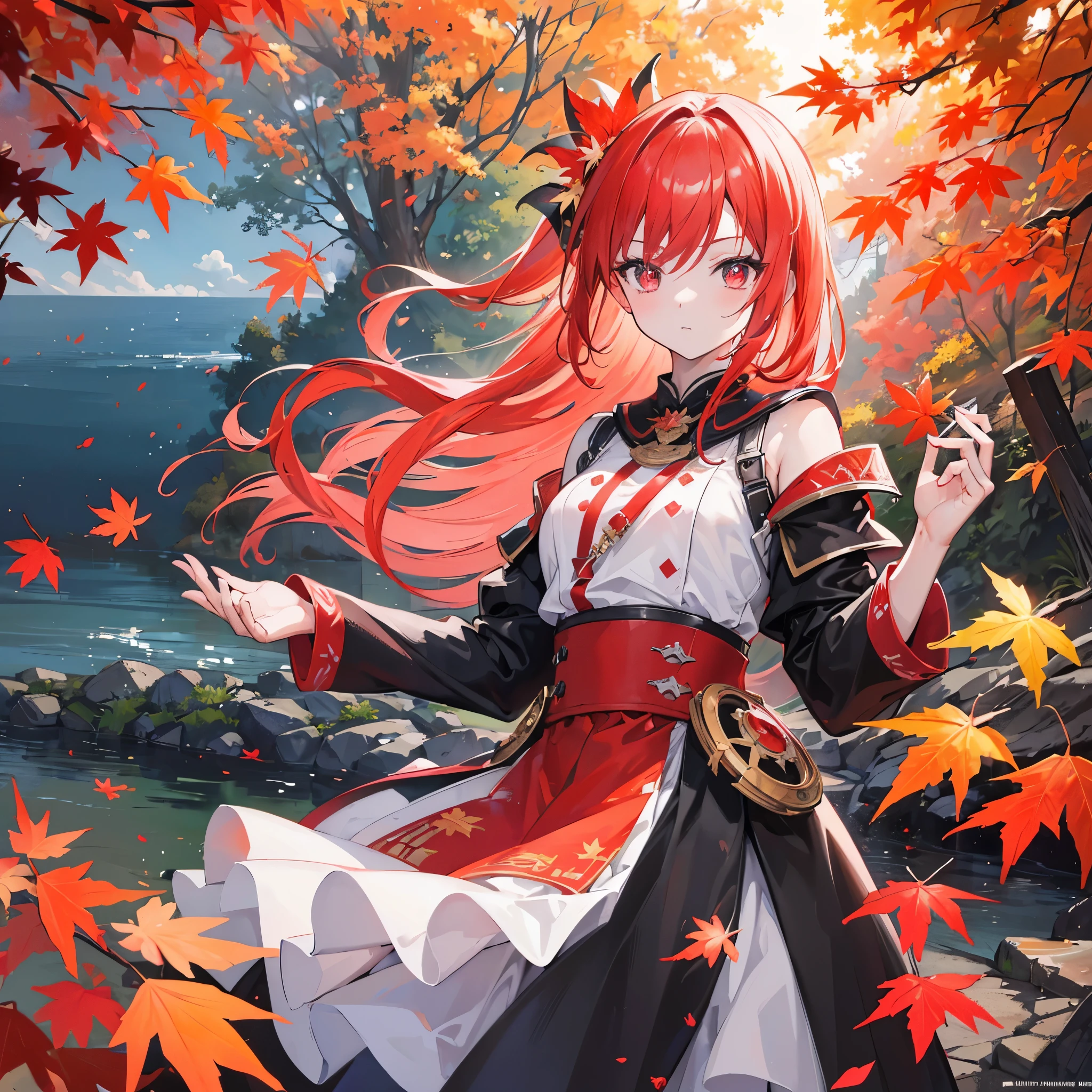 ((Masterpiece, Best Quality)), Ultra Detailed, Official Art, Unity 8k Wallpaper, Official Costume, Young women, Solo, Perfect Face, Shiny Skin, Sparkling Pupils, Hair Pick Dyed Red, Daytime, Background is Fire Red Maple Forest, Maple Leaf, Riverside, Wooden Bridge, Aesthetic, (upper_body)