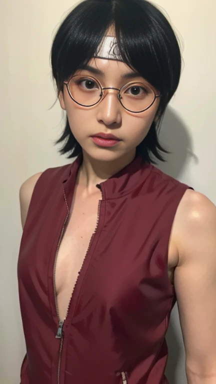 (highres,masterpiece:1.2),ultra-detailed,realistic,professional,beautiful detailed eyes,beautiful detailed lips,dark hair,short black hair,red glasses,stunning black eyes,clear skin,18-year-old girl,fashionable short hairstyle,vibrant red glasses,Shinobi Academy,fierce determination,confident posture,crimson outfit,intense gaze,background filled with ninjutsu techniques,shadows cleverly accentuating her features,subtle studio lighting,sublime realism,striking color tones,small breast, bare breast, 