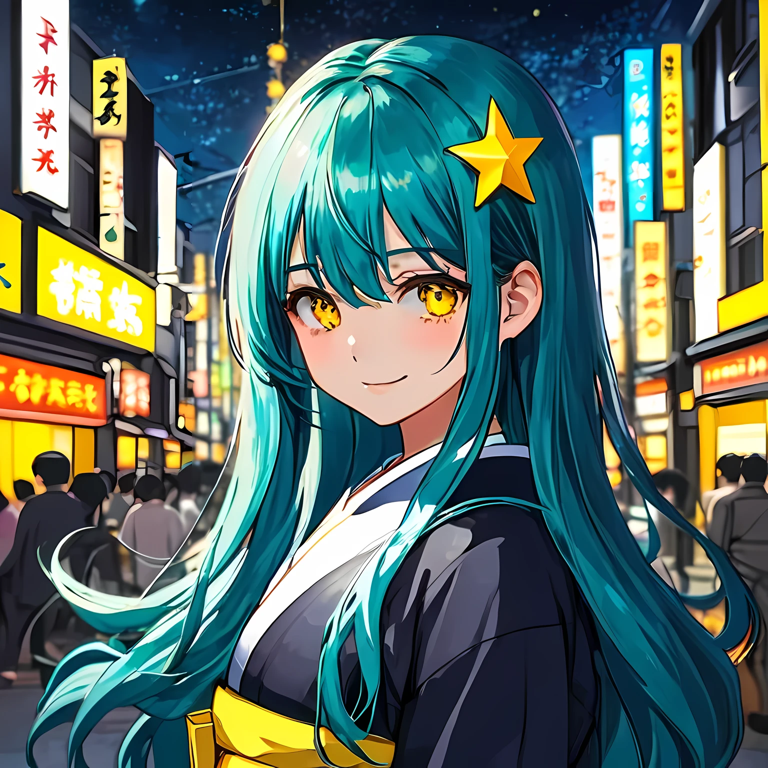 Girl with long dark turquoise hair, yellow eyes, happy star yellow pin in hair, ((background : tokyo at night))
