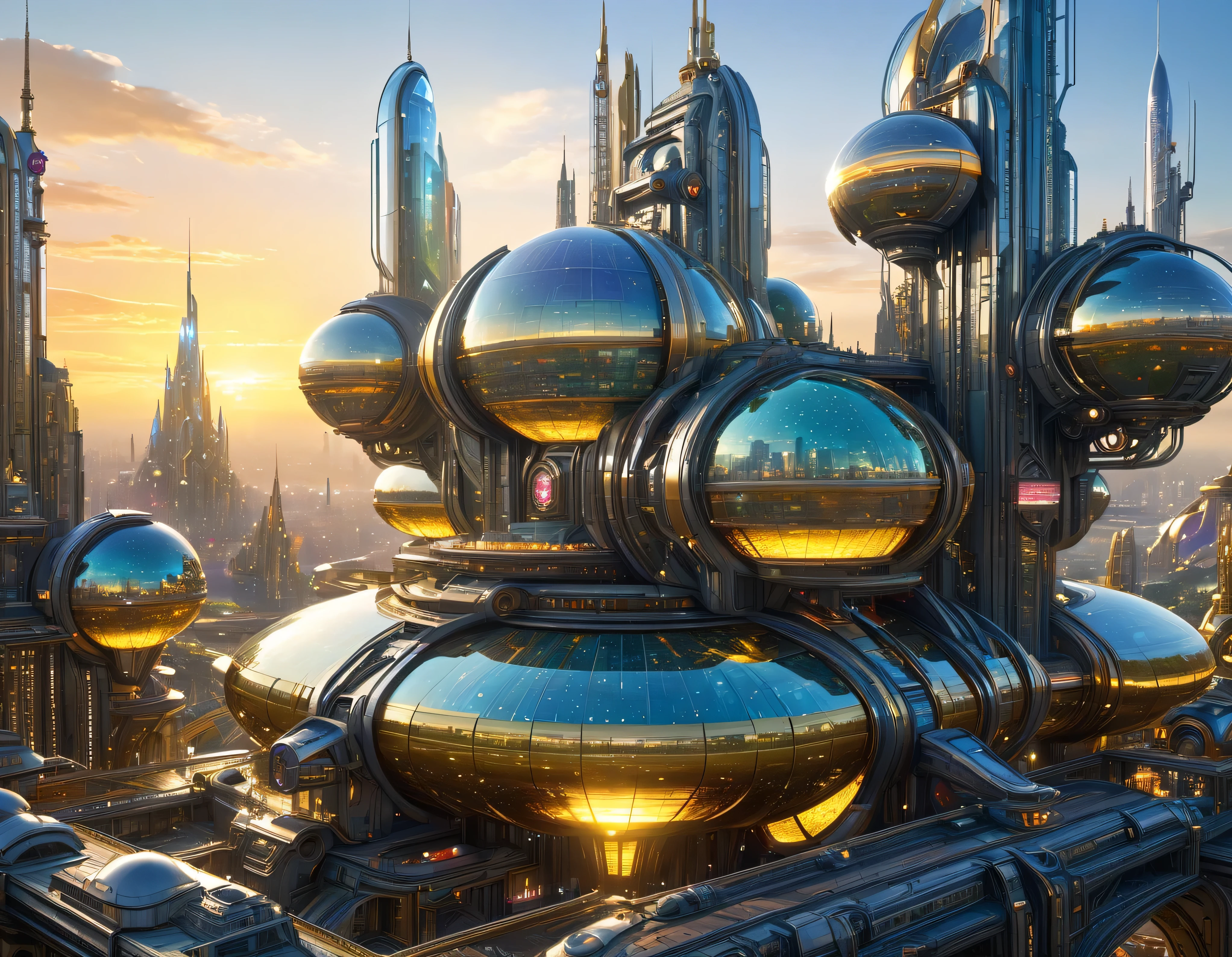 (golden hour lighting), megacity, megalopolis of an imaginary world of science fiction , parecido a una disneylandia futurista, and maximum fantasy, con inmensos edificios y rascacielos ovalados y dodecaedricos agrupados de metal y cristal donde predomina el diamante y los anuncios luminosos de colores. imagen bien definida 8k, (intrincados detalles de la maquina), con muchos edificios juntos.(obra maestra de superior calidad).(imagen fotorrealista), nitidez absoluta hasta el fondo