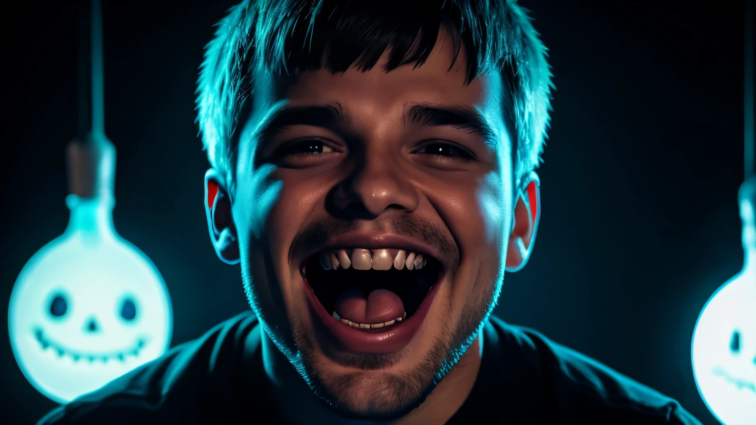 create an image of a macabre character, with a smile showing teeth
with tongue out. He is in a dark environment, with bluish lighting, as if it were studio lights