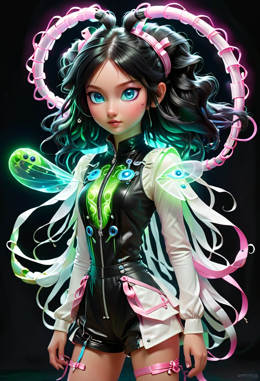 ((Full body ))dynamic lighting hyperdetailed intricately Engine((by a green glowing caterpillar)) Is a girl with blue eyes, black long hair, short twin pontails sticks out at the side of head tied with long thin pink ribbons, wearing a cute white leather romper with a silver zip to the front and a pocket on the right attached to a pink button to the front,