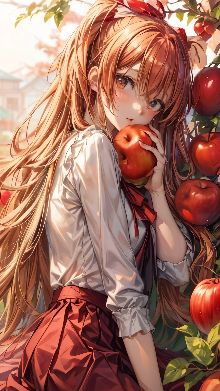 Anime girl sitting on a tree with apples in the background, asuka langley soryu, portrait of asuka langley soryu, asuka langley sohryu, asuka langley, asuka langley souryuu, Beautiful anime girl, beautiful anime portrait, Gouvez, anime image of a cute girl, young anime girl, attractive anime girl
