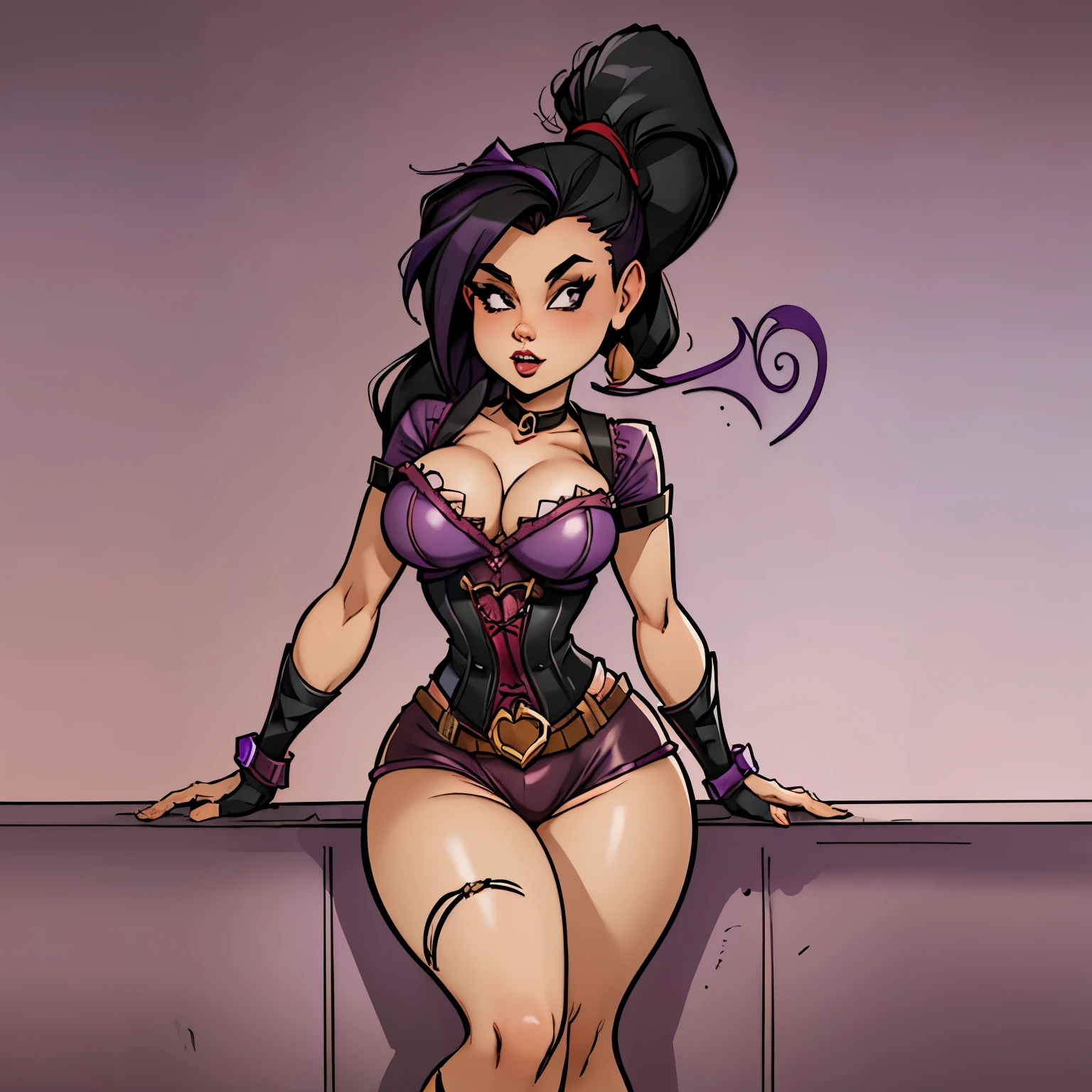 Moxxxi(borderlands), purple top hat, black hair(ponytail), large chest, cleavage, red tattoo heart on chest, purple corset, red short shorts, thicc waist, thicc thighs, red fishnet stockings, black boots, bar background 