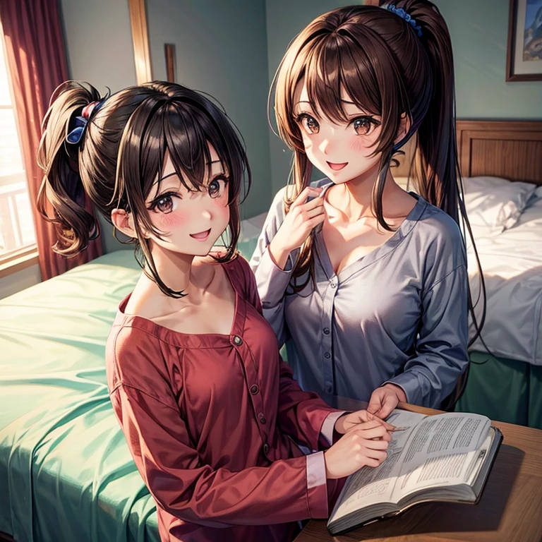 anime、beautiful girl、brown hair、black eyes shine、ponytail、room、game、pajamas、A big smile、chest